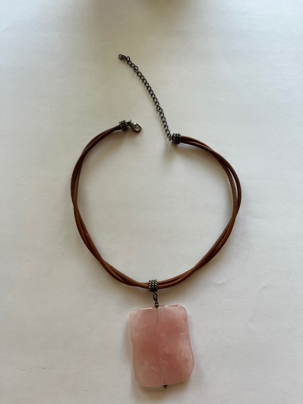 Rose Quartz Pendant Necklace on Brown Cord